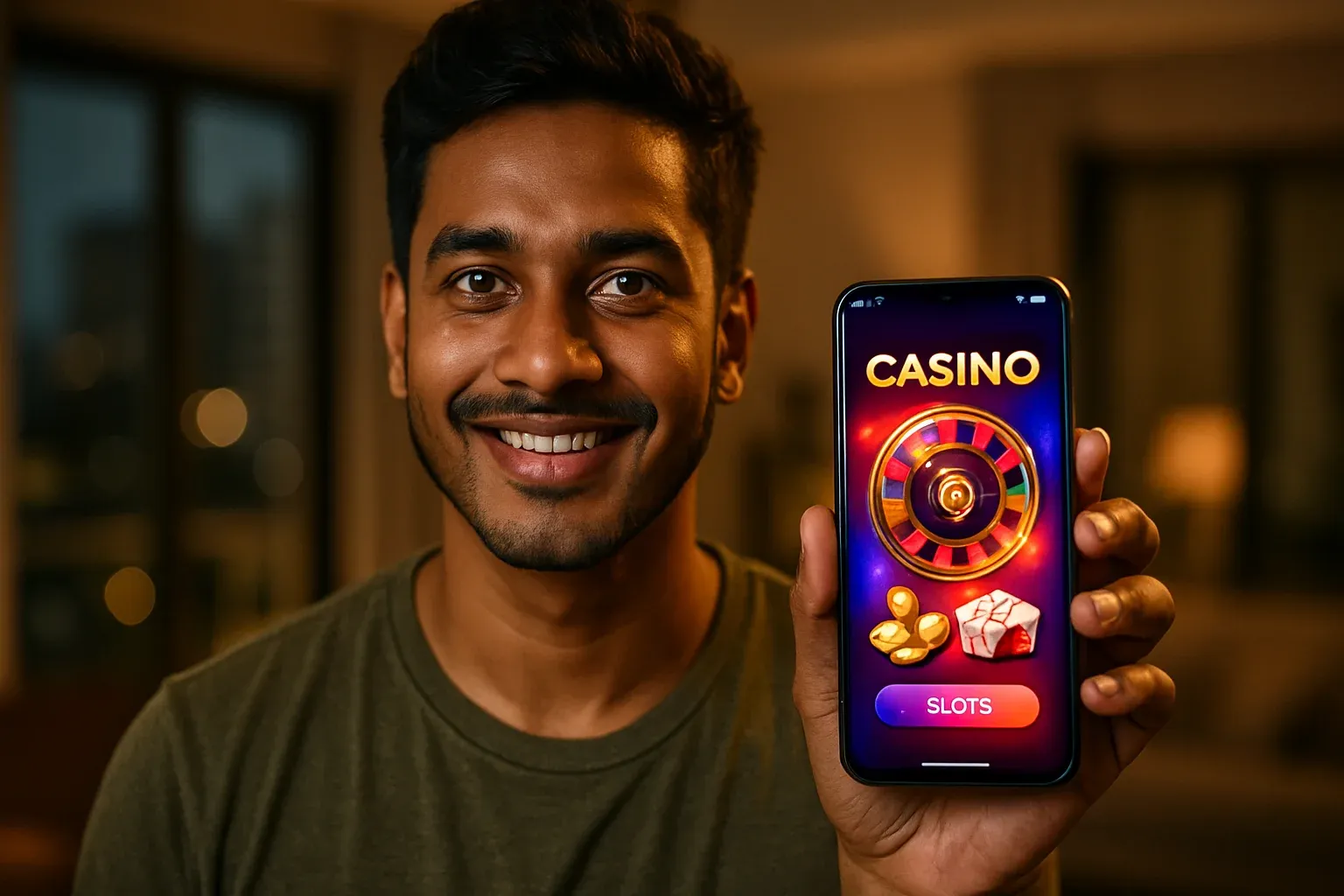 Young Bangladeshi man holding smartphone showing glowing colorful casino app interface