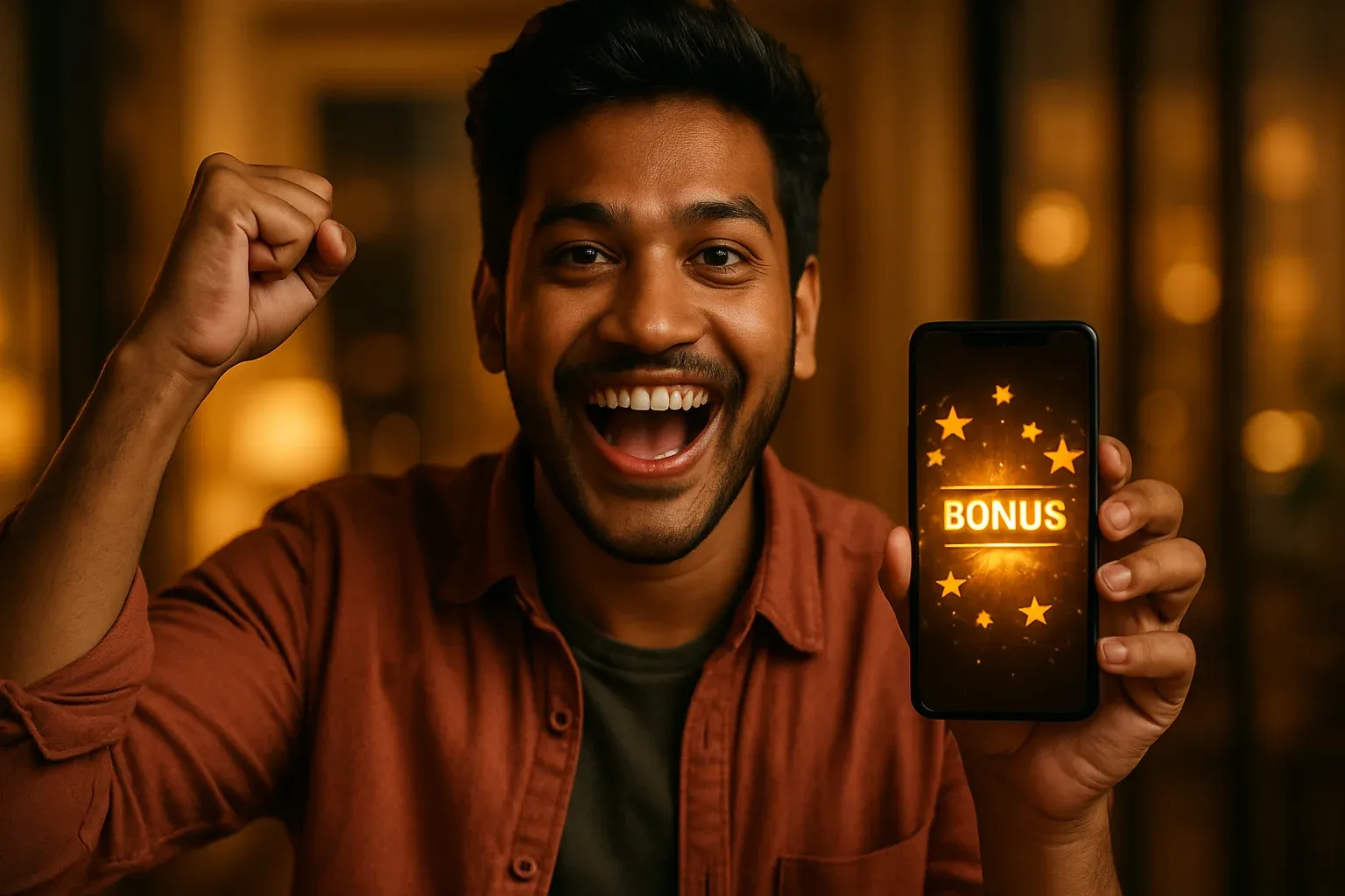 Joyful Bangladeshi man celebrating, holding smartphone with glowing bonus notification UI