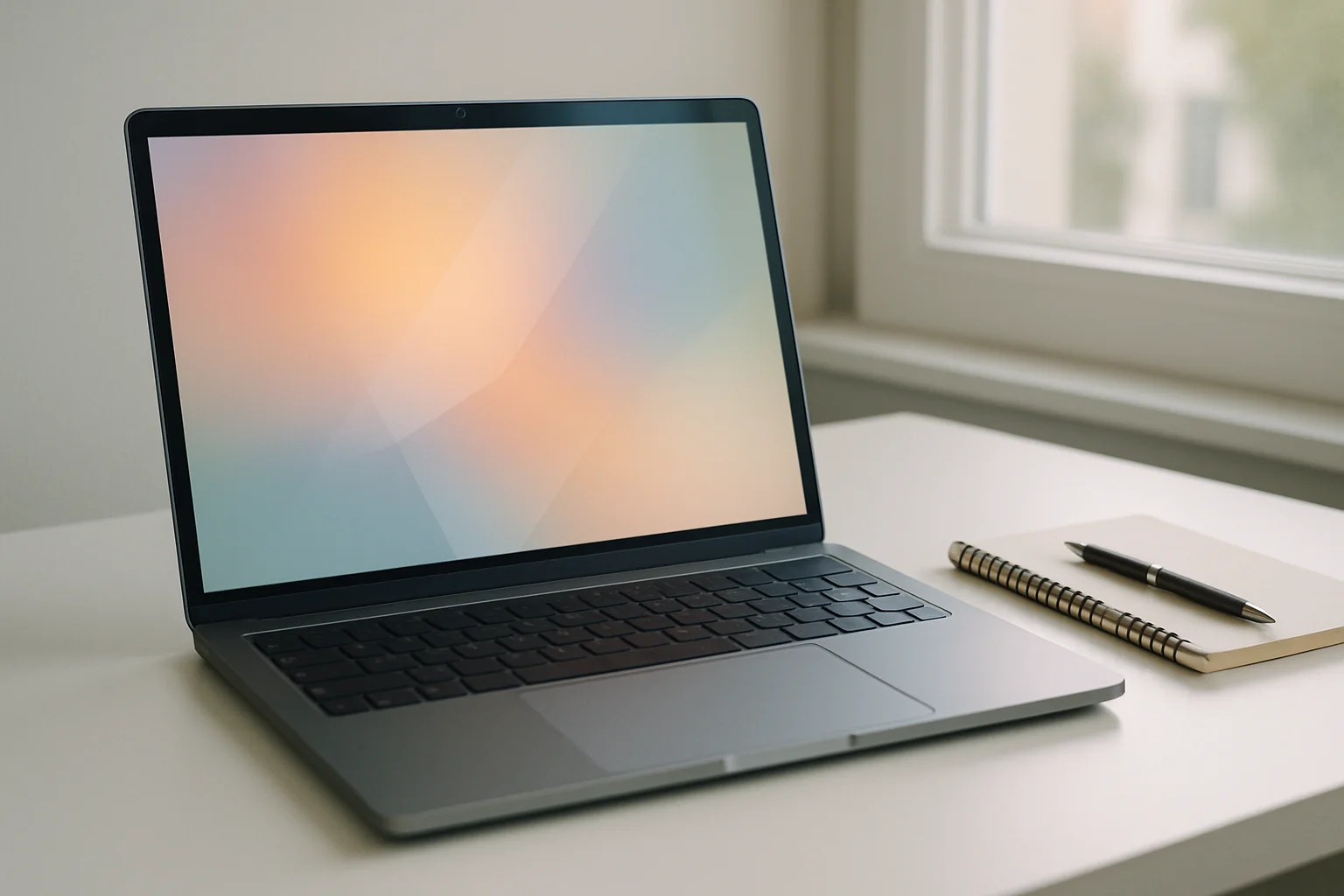 Modern laptop on white desk with glowing abstract screen in daylight