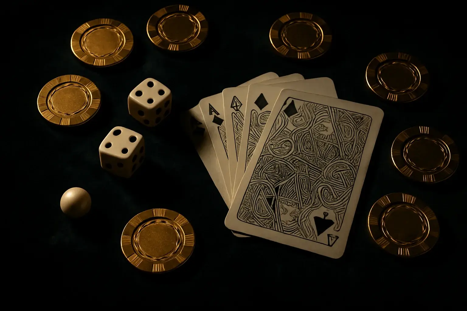 Top-down dark velvet casino flat lay with chips, cards, dice, roulette ball