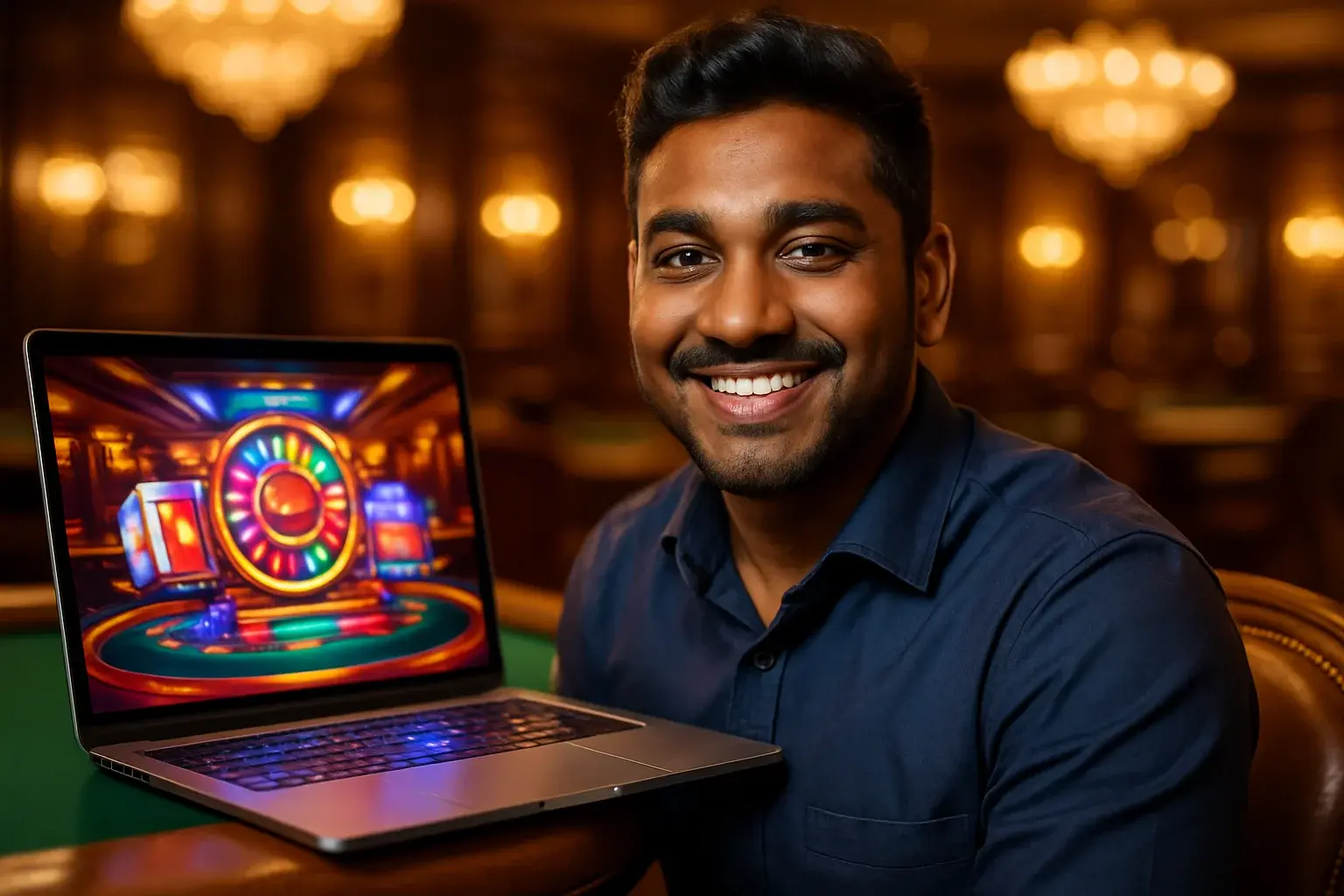 Cheerful Bangladeshi man in navy shirt smiling at open laptop in casino lounge