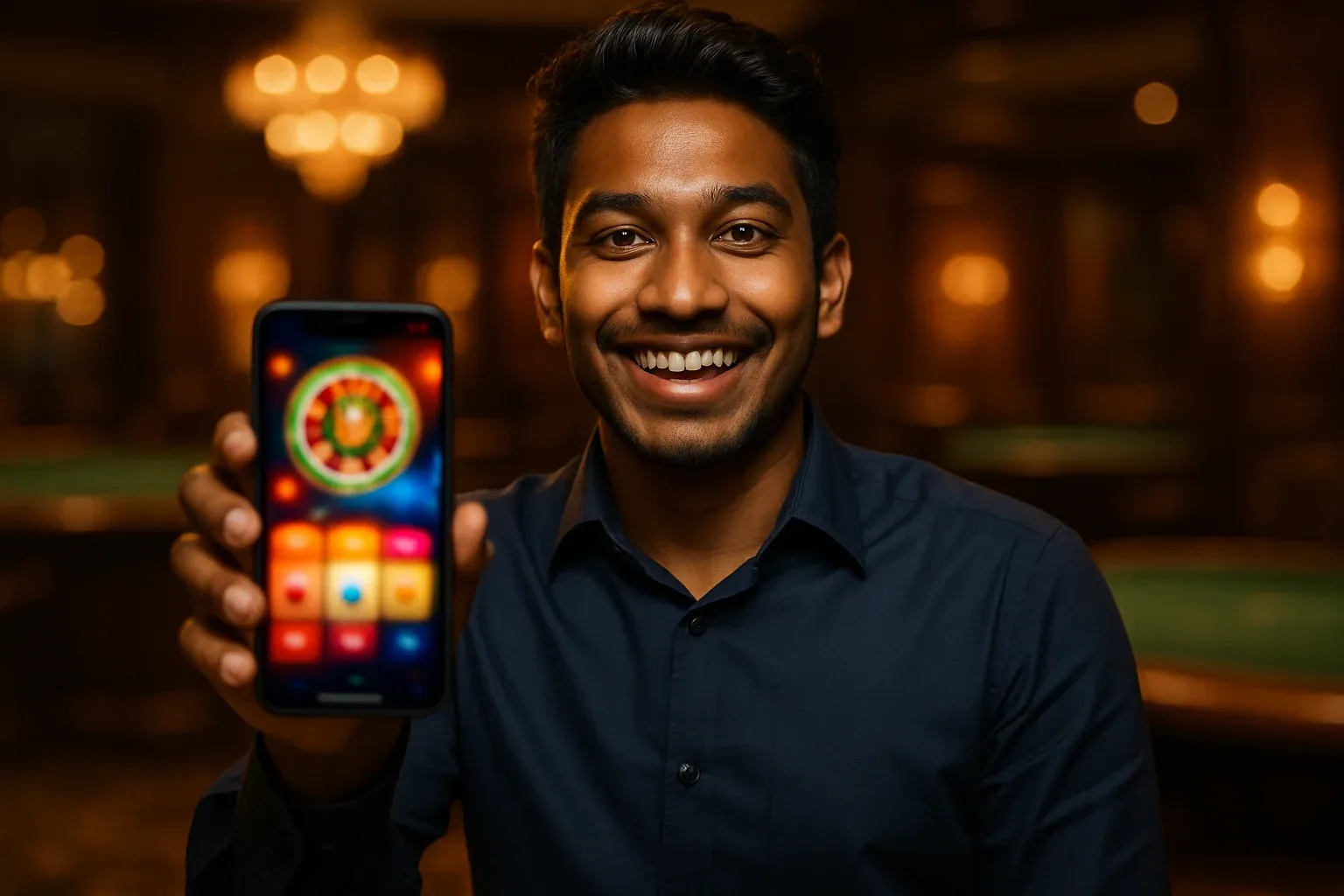 Cheerful young Bangladeshi man holding smartphone showing blurred casino app UI