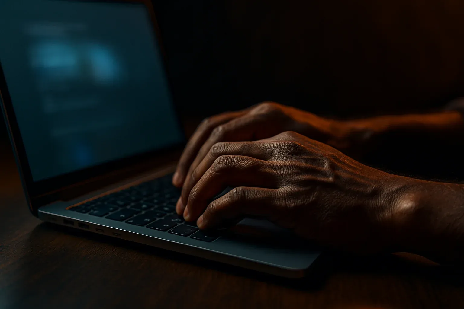 Close-up of Bangladeshi hands typing on laptop keyboard in dramatic light