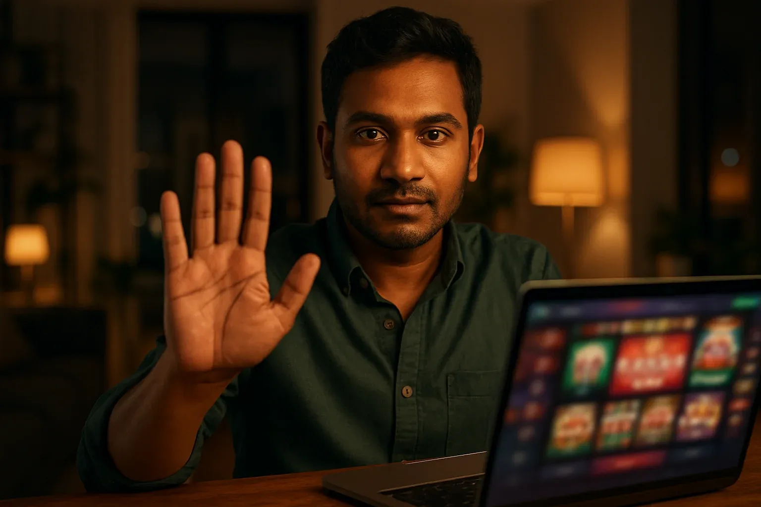 Confident Bangladeshi man shows stop gesture beside blurred online casino laptop