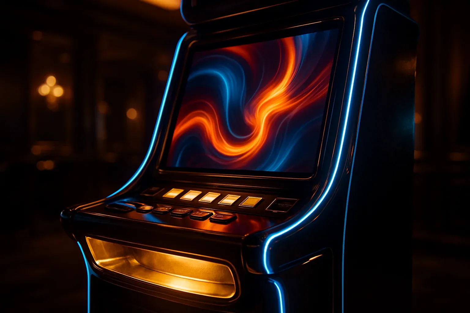 Hyperrealistic premium slot machine with glowing curved screen in dark luxury setting